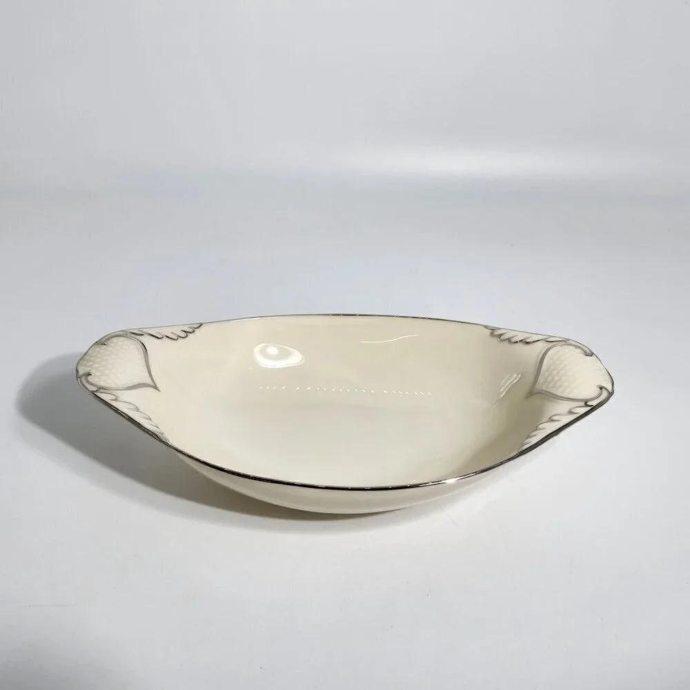 Lenox Vintage Ceramic Oval Serving Dish With Silver Trim and Textured Handles